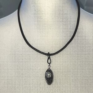 Elegant Pearl And Glittery Stone Pendant Necklace On Leather Cord‎